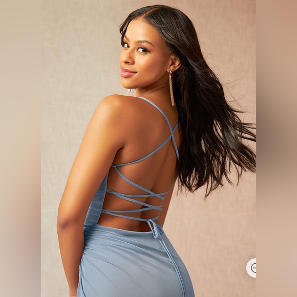 AZAZIE ASLAY Dusty Blue Sheath Sweetheart Neckline Mesh Dress - Size 12 - Picture 4 of 6